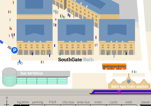 Map shows Bath bus and train stations and SouthGate shopping next to each other.