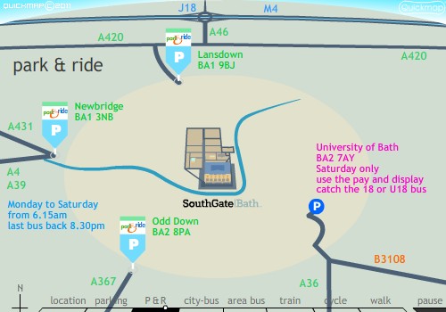 SouthGate Bath map for park and ride information, P&R