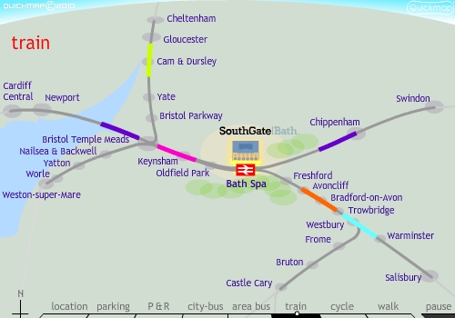 Bath Spa train map for trains from Chippenham, Bristol, Frome, Trowbridge